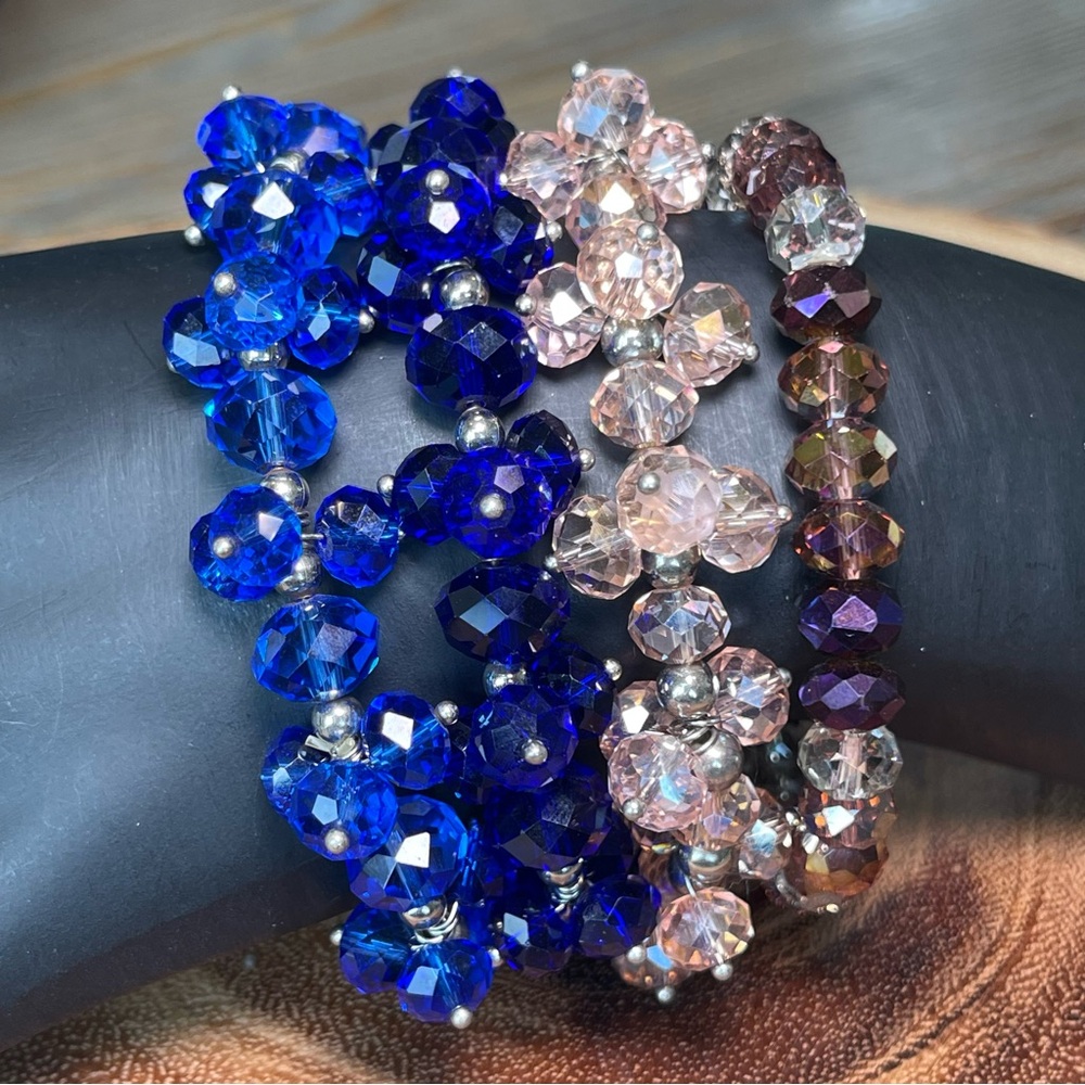 Elegant Crystal Beaded Bracelet Set Lot of 4 Shades of Blue Pink Purple